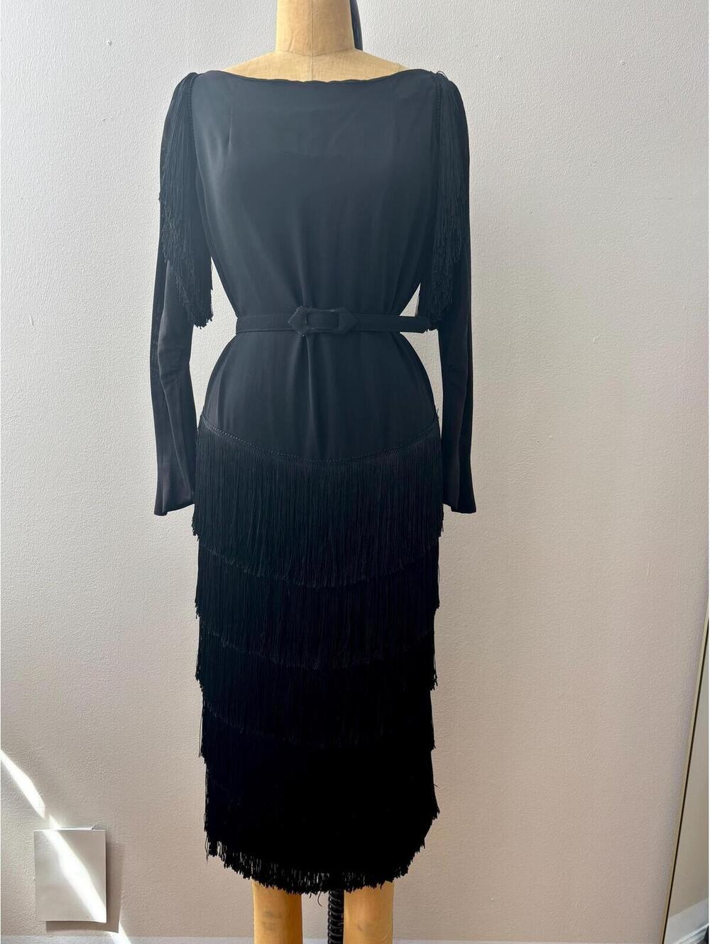 Vintage 1940s Black Belted Fringe Cocktail Dress - Picture 2 of 8